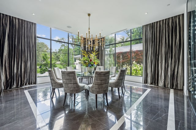 5214 Royal Ln, Dallas, TX 75229 - dining area featuring a chandelier, floor to ceiling windows, healthy amount of natural light, and marble tiled flooring