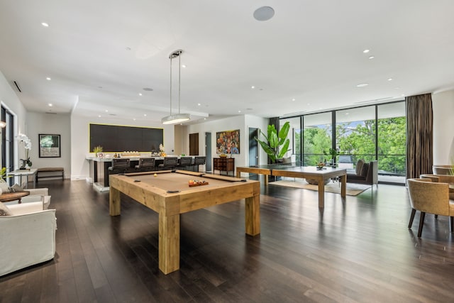 5214 Royal Ln, Dallas, TX 75229 - recreation room featuring floor to ceiling windows, billiards, dark wood-type flooring, and recessed lighting