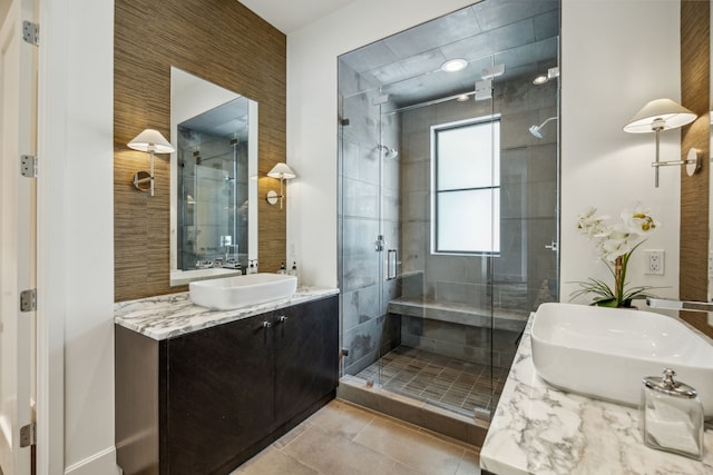 5214 Royal Ln, Dallas, TX 75229 - full bath with a stall shower, vanity, and tile patterned flooring