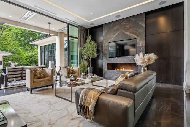 5214 Royal Ln, Dallas, TX 75229 - living room with a premium fireplace and marble tiled flooring