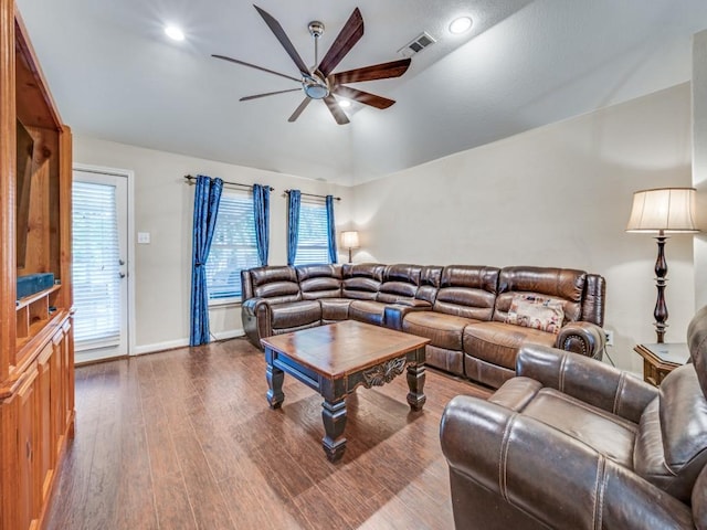 1209 Golden Eagle Ct, Aubrey, TX 76227 - living room featuring ceiling fan, wood finished floors, vaulted ceiling, baseboards, and recessed lighting