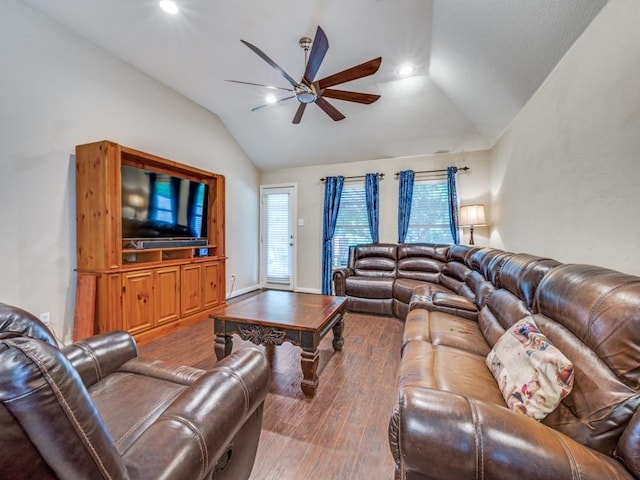 1209 Golden Eagle Ct, Aubrey, TX 76227 - living area featuring vaulted ceiling, ceiling fan, wood finished floors, and recessed lighting