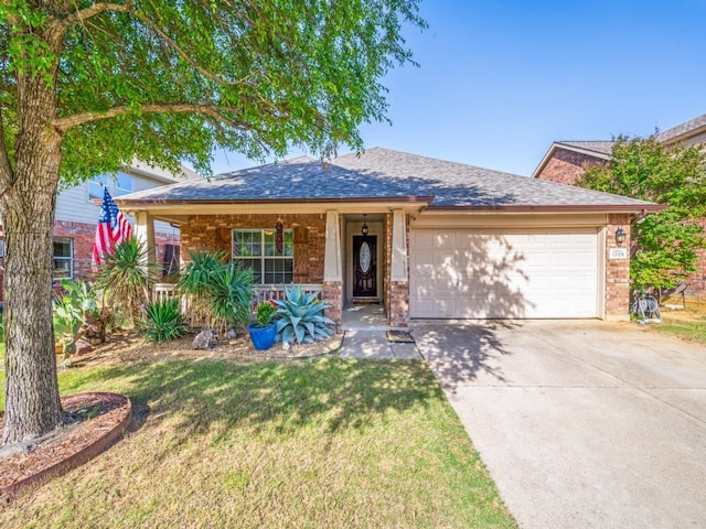 1209 Golden Eagle Ct, Aubrey, TX 76227 - ranch-style home with a garage, driveway, a porch, a front lawn, and brick siding