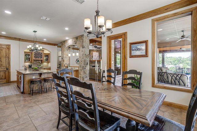 4312 Tapatio Springs Rd, Fort Worth, TX 76108 - dining room featuring a chandelier, a ceiling fan, ornamental molding, recessed lighting, and baseboards