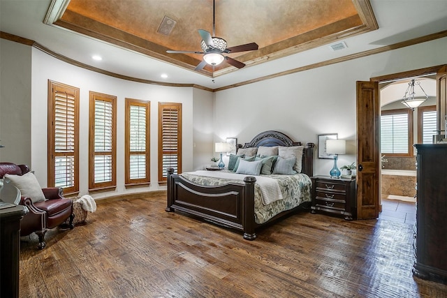 4312 Tapatio Springs Rd, Fort Worth, TX 76108 - bedroom with a raised ceiling, ornamental molding, dark wood finished floors, recessed lighting, and a ceiling fan