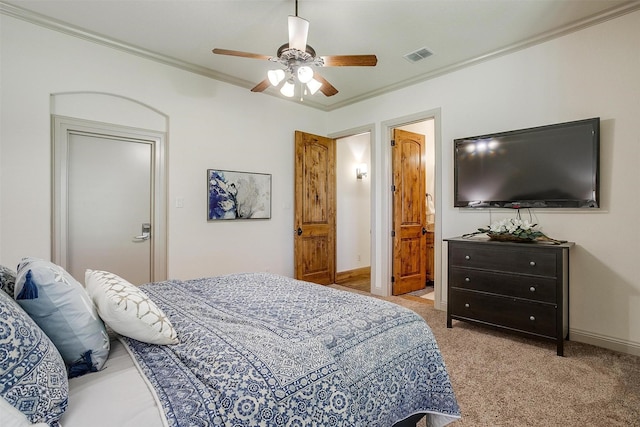4312 Tapatio Springs Rd, Fort Worth, TX 76108 - carpeted bedroom with crown molding, a ceiling fan, ensuite bath, and baseboards