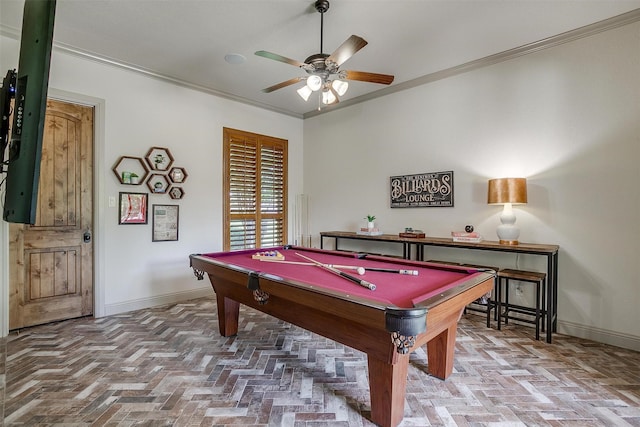 4312 Tapatio Springs Rd, Fort Worth, TX 76108 - game room with ornamental molding, baseboards, a ceiling fan, and billiards table