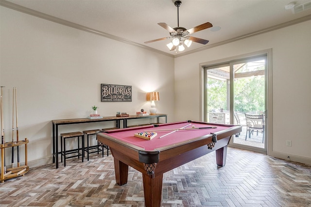 4312 Tapatio Springs Rd, Fort Worth, TX 76108 - rec room featuring ornamental molding, a ceiling fan, pool table, and baseboards