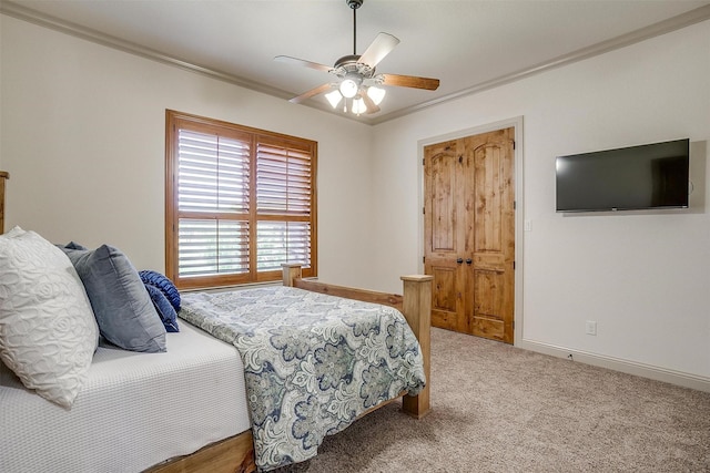 4312 Tapatio Springs Rd, Fort Worth, TX 76108 - carpeted bedroom featuring ornamental molding, ceiling fan, and baseboards