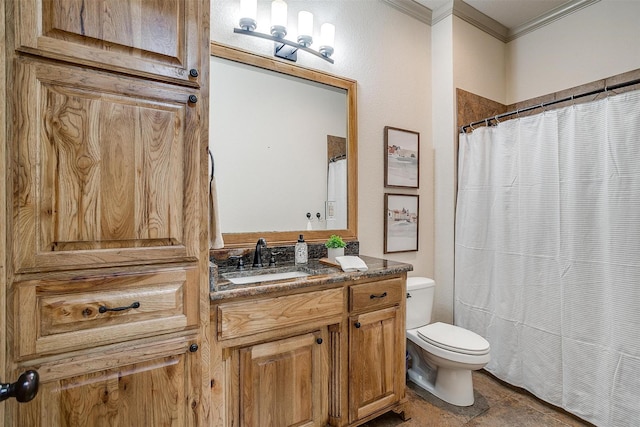 4312 Tapatio Springs Rd, Fort Worth, TX 76108 - bathroom with toilet, crown molding, vanity, and a shower with shower curtain