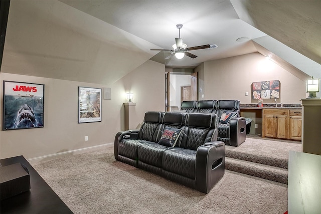 4312 Tapatio Springs Rd, Fort Worth, TX 76108 - home theater featuring light carpet, lofted ceiling, a ceiling fan, baseboards, and a sink