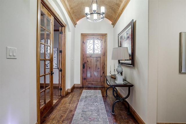 4312 Tapatio Springs Rd, Fort Worth, TX 76108 - entryway with lofted ceiling, dark wood-style flooring, a chandelier, and baseboards