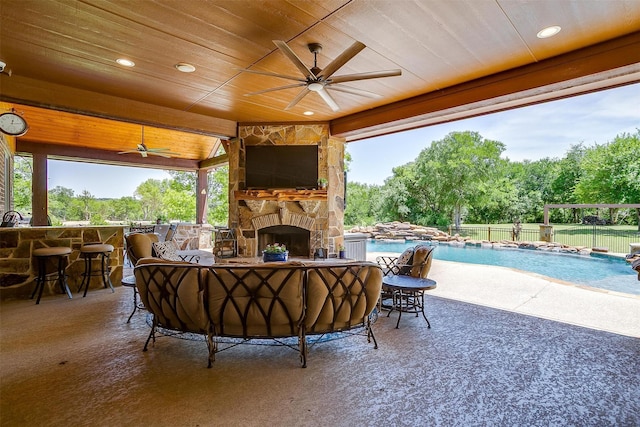 4312 Tapatio Springs Rd, Fort Worth, TX 76108 - view of patio / terrace featuring a ceiling fan, fence, and an outdoor living space with a fireplace