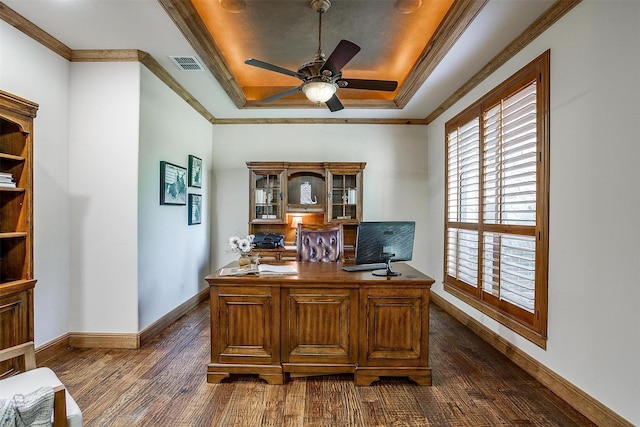 4312 Tapatio Springs Rd, Fort Worth, TX 76108 - office space featuring a raised ceiling, dark wood finished floors, crown molding, plenty of natural light, and a ceiling fan