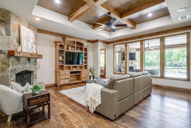 4312 Tapatio Springs Rd, Fort Worth, TX 76108 - living area featuring coffered ceiling, a ceiling fan, plenty of natural light, baseboards, and wood finished floors