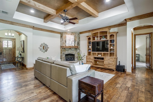 4312 Tapatio Springs Rd, Fort Worth, TX 76108 - living area with arched walkways, coffered ceiling, a ceiling fan, baseboards, and beamed ceiling