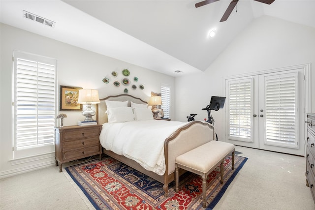 6137 Oram St, Dallas, TX 75214 - bedroom with light carpet, access to exterior, a ceiling fan, french doors, and high vaulted ceiling