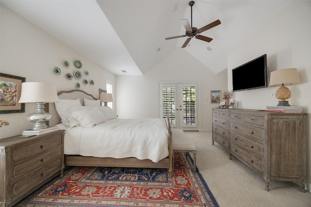 6137 Oram St, Dallas, TX 75214 - bedroom with light colored carpet, french doors, access to exterior, high vaulted ceiling, and ceiling fan