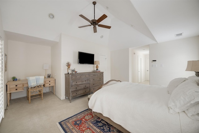 6137 Oram St, Dallas, TX 75214 - bedroom featuring light carpet, ceiling fan, high vaulted ceiling, and baseboards