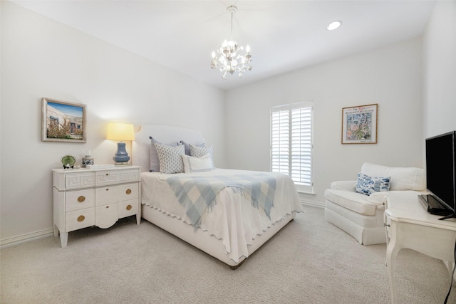 6137 Oram St, Dallas, TX 75214 - bedroom with light carpet, a chandelier, baseboards, and recessed lighting