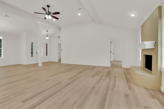 289 Cates Rd, Van Alstyne, TX 75495 - unfurnished living room featuring light wood-type flooring, a ceiling fan, a brick fireplace, and recessed lighting