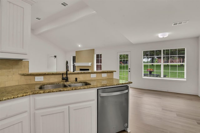 289 Cates Rd, Van Alstyne, TX 75495 - kitchen featuring dishwasher, decorative backsplash, light stone countertops, and white cabinetry