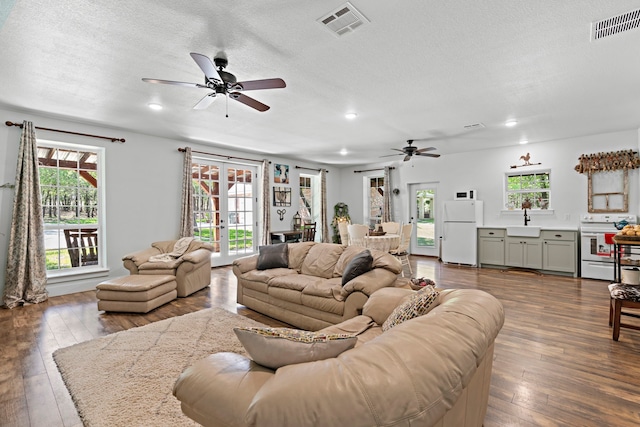 148 Arista Trl, Poolville, TX 76487 - living room with a ceiling fan, plenty of natural light, dark wood finished floors, recessed lighting, and a textured ceiling