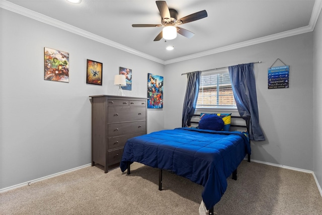 bedroom featuring crown molding, carpet flooring, baseboards, ceiling fan, and recessed lighting