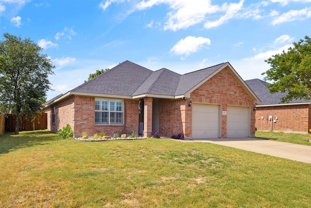 view of front of home with an attached garage, brick siding, driveway, and a shingled roof