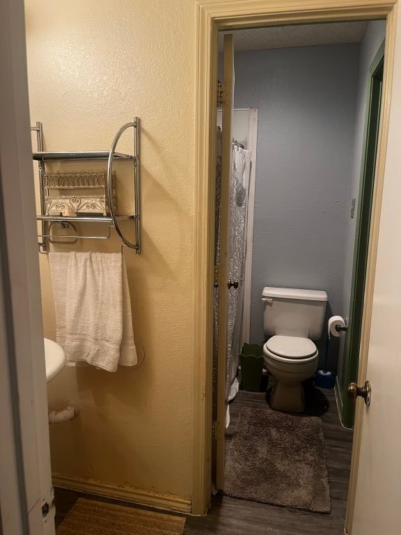 full bath featuring toilet, wood finished floors, and curtained shower