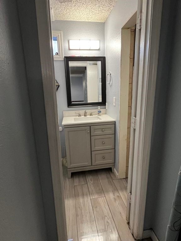 bathroom with wood finished floors, vanity, and a textured ceiling