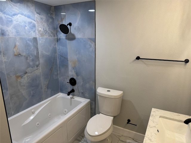 1220 Brittany Ln, Arlington, TX 76013 - bathroom with marble finish flooring, toilet, a combined bath / shower with jetted tub, and a sink