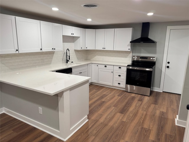 1220 Brittany Ln, Arlington, TX 76013 - kitchen featuring stainless steel electric range, wall chimney exhaust hood, a sink, a peninsula, and white cabinets