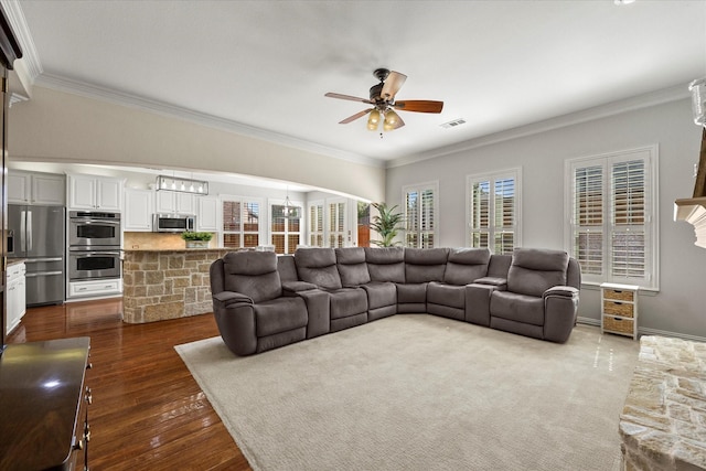 227 Justin Rd, Murphy, TX 75094 - living area featuring ceiling fan, crown molding, and dark wood-style flooring