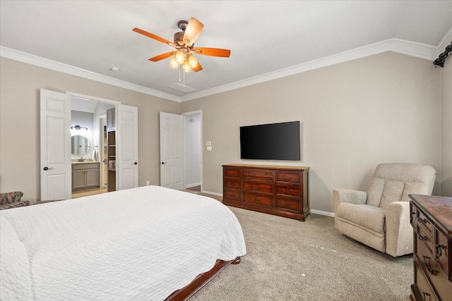 227 Justin Rd, Murphy, TX 75094 - bedroom featuring crown molding, baseboards, light carpet, ceiling fan, and ensuite bath