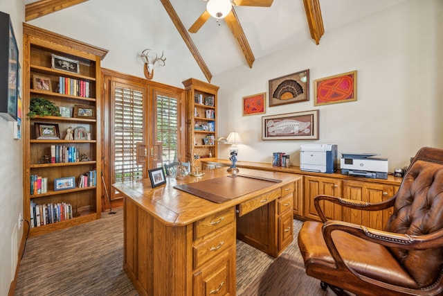 4024 Oakmeadow Dr, Plano, TX 75093 - home office with ceiling fan, dark colored carpet, and french doors