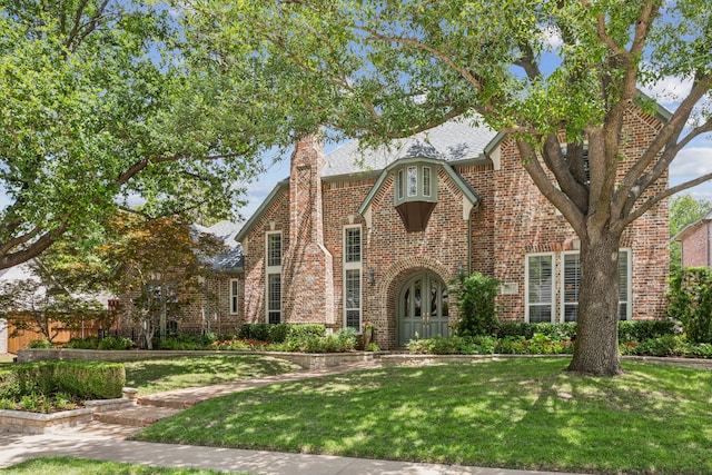 4024 Oakmeadow Dr, Plano, TX 75093 - tudor-style house with a front lawn, brick siding, a chimney, and a shingled roof