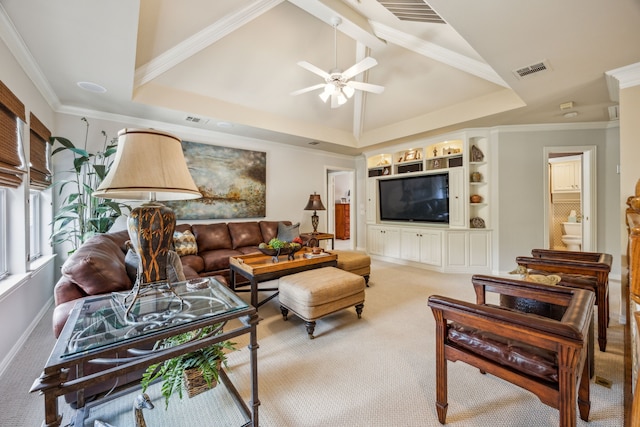 4024 Oakmeadow Dr, Plano, TX 75093 - living area featuring carpet floors, ceiling fan, lofted ceiling, ornamental molding, and baseboards