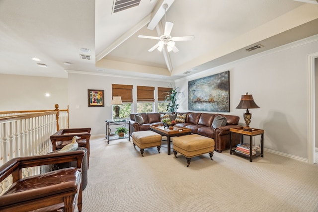 4024 Oakmeadow Dr, Plano, TX 75093 - living area featuring carpet floors, ceiling fan, baseboards, a raised ceiling, and crown molding