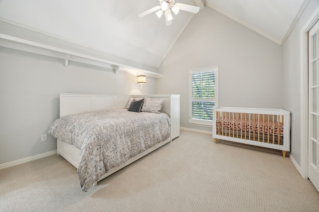 4024 Oakmeadow Dr, Plano, TX 75093 - carpeted bedroom featuring ceiling fan, baseboards, ornamental molding, and high vaulted ceiling