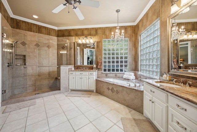 4024 Oakmeadow Dr, Plano, TX 75093 - bathroom featuring a chandelier, a shower stall, ornamental molding, ceiling fan, and a bath