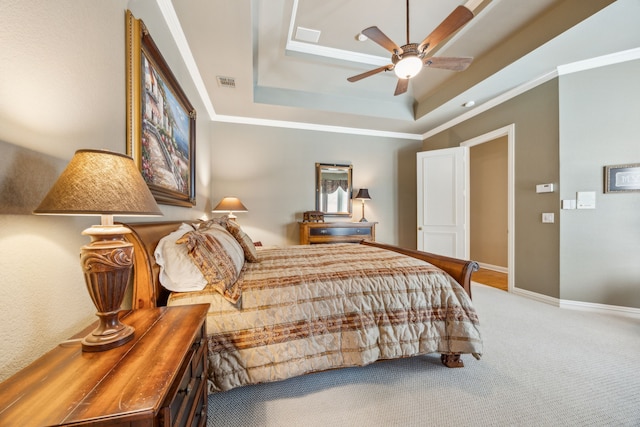 4024 Oakmeadow Dr, Plano, TX 75093 - bedroom featuring a raised ceiling, carpet flooring, crown molding, a ceiling fan, and baseboards