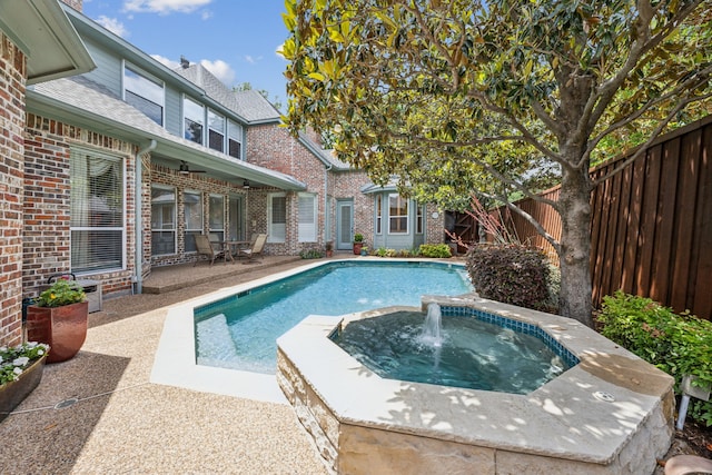 4024 Oakmeadow Dr, Plano, TX 75093 - view of swimming pool with a fenced backyard, a pool with connected hot tub, and a patio
