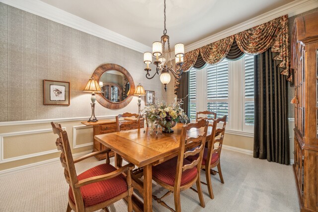 4024 Oakmeadow Dr, Plano, TX 75093 - dining space with light carpet, a chandelier, ornamental molding, baseboards, and wallpapered walls