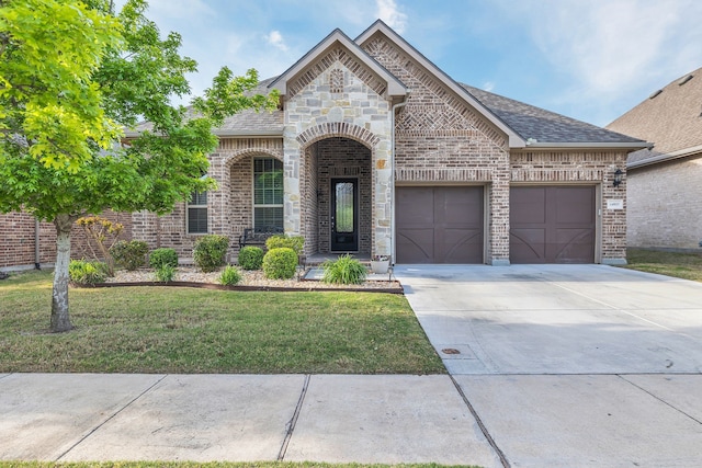 14937 Belclaire Ave, Aledo, TX 76008 - french country home featuring brick siding, a garage, concrete driveway, and a front yard