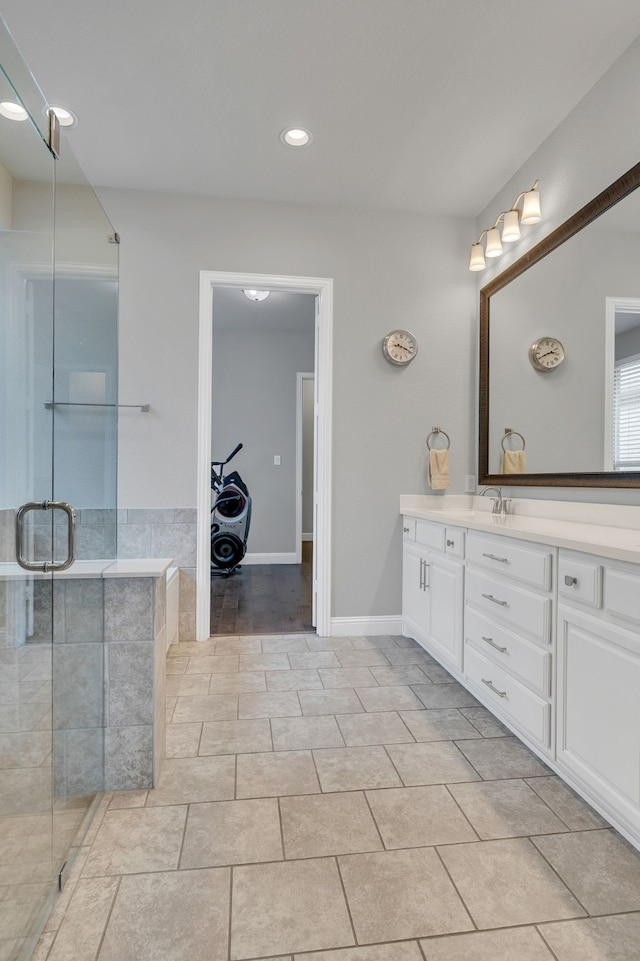 14937 Belclaire Ave, Aledo, TX 76008 - bathroom featuring vanity, a stall shower, recessed lighting, tile patterned floors, and baseboards