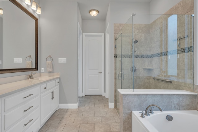 14937 Belclaire Ave, Aledo, TX 76008 - full bathroom featuring a shower stall, vanity, a bath, baseboards, and tile patterned floors