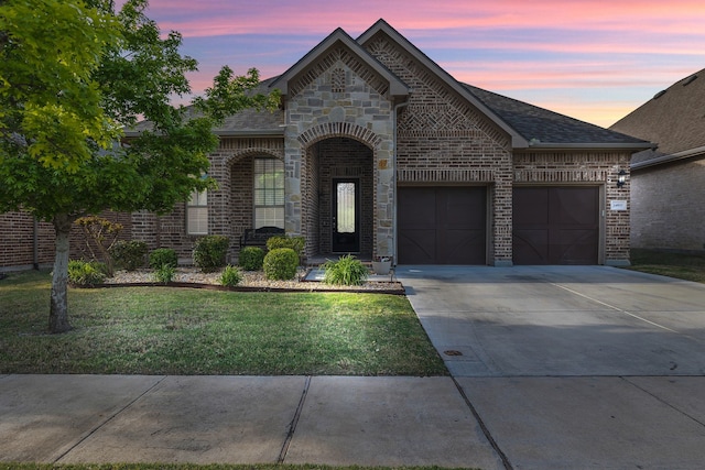 14937 Belclaire Ave, Aledo, TX 76008 - french provincial home with brick siding, driveway, a garage, a lawn, and roof with shingles