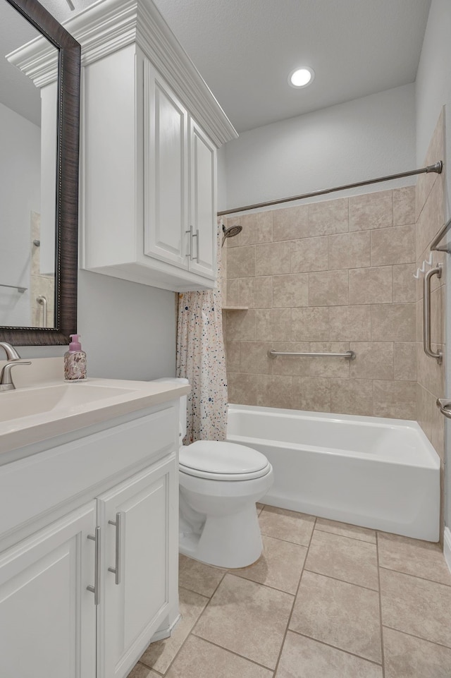 14937 Belclaire Ave, Aledo, TX 76008 - bathroom with shower / tub combo with curtain, tile patterned floors, toilet, vanity, and recessed lighting