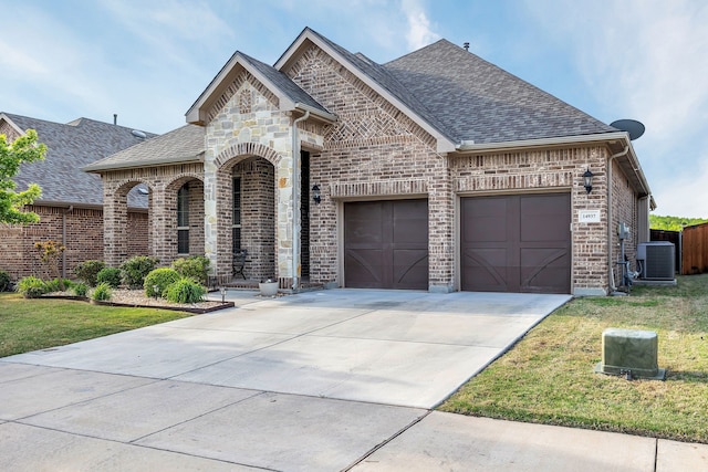 14937 Belclaire Ave, Aledo, TX 76008 - french country inspired facade with an attached garage, driveway, brick siding, a front yard, and a shingled roof